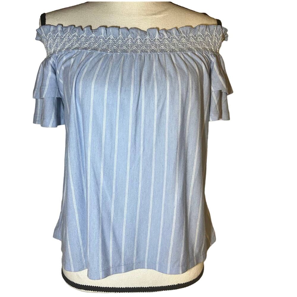 5/$25 Blue Striped Off Shoulder Nautical Cottagecore Peasant Crop Top Size Small